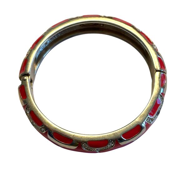 Clamper bracelet goldtone & pink with white rhinestone details hinged bangle - Picture 2 of 7